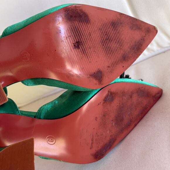 Amazon Satin Slingback Heels 9 Jeweled Embellished Emerald Green Sandals Pumps - Picture 8 of 8